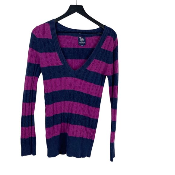 American Eagle Sweater Purple Blue Sz L Cable Knit V Neck Striped Elena Gilbert - Picture 1 of 7